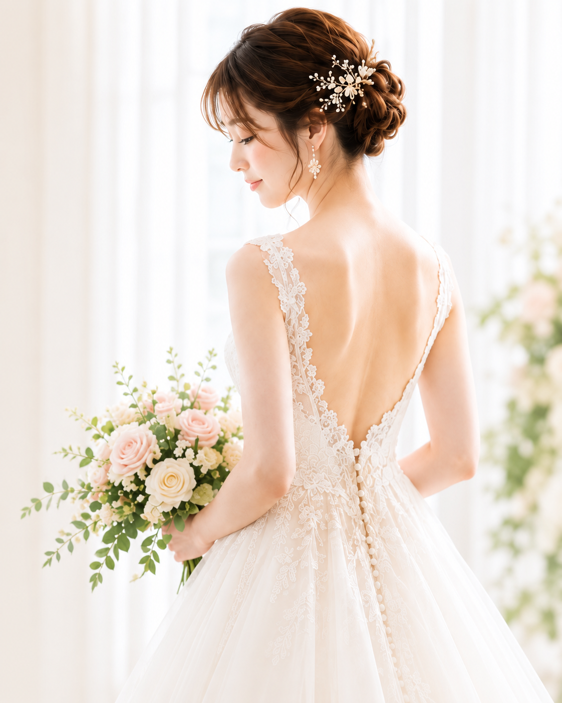 白いウェディングドレスをまとった花嫁の後ろ姿
